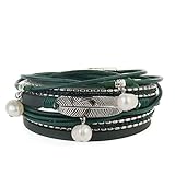 Unisex Genuine Leather Bracelet With Pearl Pendant,Jungle Green Vintage Feather Braid Rope Cuff Bangle, Magnet Buckle And Locket- By JOYMIAO