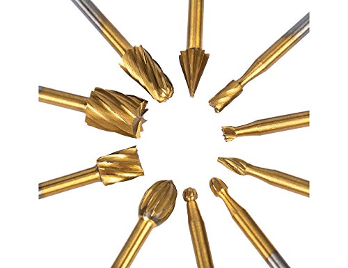 Tonsiki 10pcs Titanium-Coated Rotary Burr Set with 1/8" Shank for DIY Woodworking, Carving, Engraving, Drilling