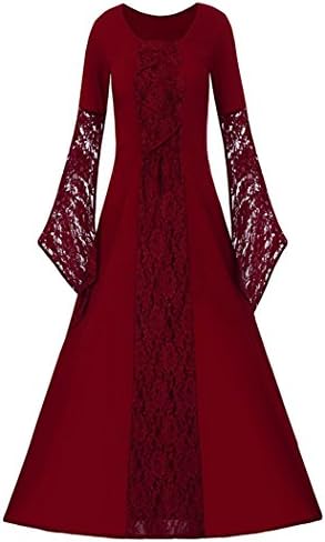 Women's Medieval Dress Halloween Cosplay Costume Lace Up Vintage Floor Length Retro Long Dress (XL, D-red)