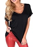Flowshey Women's Casual Short Sleeve V Neck Pocket Plain Basic Tees Loose Tunic Tops