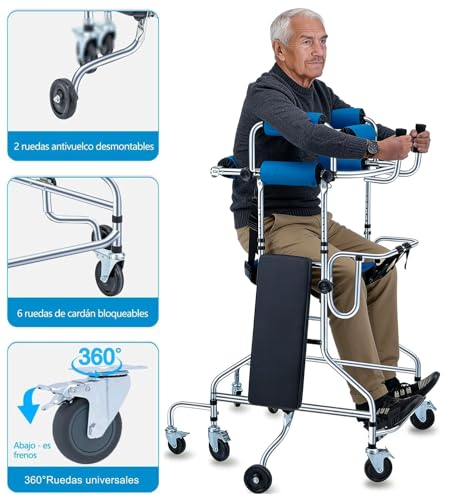 Andadera para Adulto con Asiento,Andador para Adulto Mayor Ajustable en Altura y Ancho,8 Ruedas,Acero Resistente Capacidad 220lbs,Ayuda a Caminar y Rehabilitación