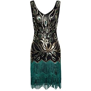 Coucoland Vrouwen Flapper Jurken 1920s Pauw Patroon V-hals Kralen Dubbele Gelaagde Omzoomd Grote Gatsby Jurk Arti Deco…