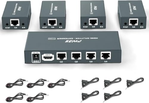 PW-HTS0104IR(POC) HDMI Splitter Extender Port 1X4 over Cat5e/Cat6 Ethernet Cable with IR No delay up to 60m (196 feet) and resolution up to 1080P@60Hz (1 input 4 outputs)