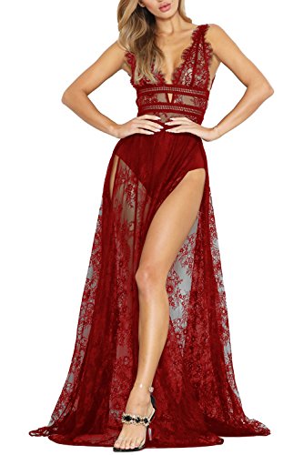 Meenew Women's Sleeveless See-Through Lace Lingerie Gown Maxi Long Dress Ruby XL