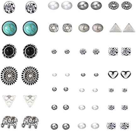 XNFIVE 27 Pairs Multiple Stud Earrings Set Mixed Design Bohemian Retro Vintage Style Fake Crystal Pearl Ball Earring Set Ear Stud Jewelry for Girls Women Men - Clear Rubber Back