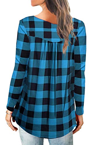 Fall V Neck Soft Tops Plaid Long Sleeve Shirts for Women Blue Plaid M