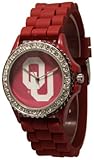 Maroon Collegiate Silicone Ceramic Style watch with matching face of Univerisity of Oklahoma logo on face and sparkling rhinestones on face circumference.