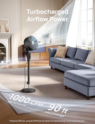 DREO Fan for Bedroom, 80° Oscillating Standing Fan, 25dB Quiet, 80ft Pedestal Fans for Home Office, 90° Manual Vertical, 3 Speeds, Remote, 34-41" Adjustable Height, Air Circulator