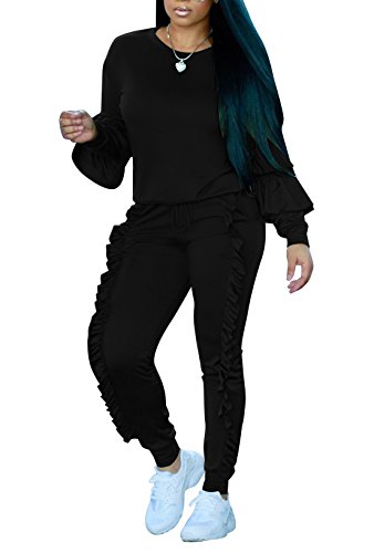 Women's Casual Outfits Puff Sleeve Shirt + Ruffled Pants Set Sweatsuits Tracksuits
