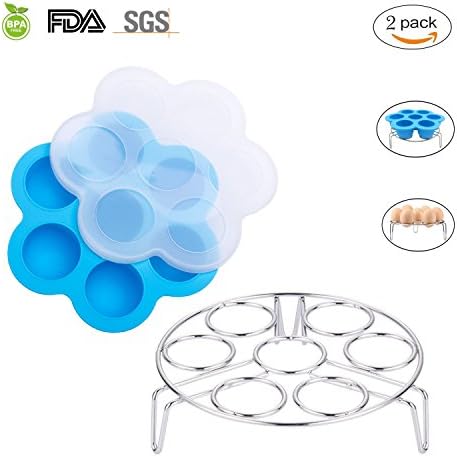 Wellinc Silicone Egg Bites Molds for Instant Pot Accessories Baby Food Freezer Containers and Ice Cube Trays, Reusable FDA Food Grade Storage Container with Stainless Steel Egg steamer - 2 Pack