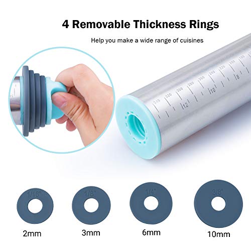 Fondant Rolling Pin and Baking Mat - Stainless Steel Dough Roller with Removable Rings for Perfect Thickness, Great for Making Pizza, Pasta, Cookies Dough, Fondant Cake and More, Easy To Use & Clean