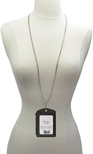 Cavelio ID Lanyard Leather Badge Holder with Chain Neck Strap (Dark Brown)