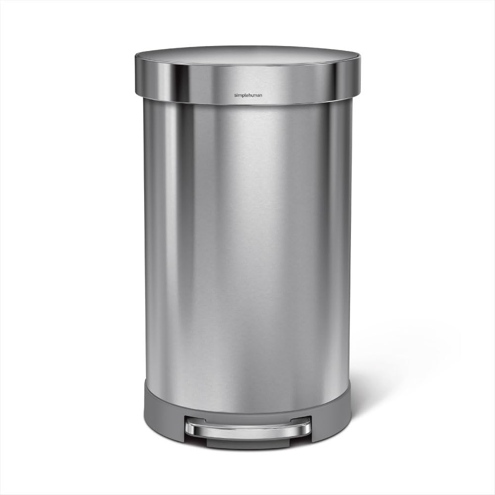 simplehuman CW2030 45L Semi-Round Kitchen Pedal Bin, Silent Soft Close Lid, Strong Wide Pedal, Fingerprint-Proof, Brushed Stainless Steel, W 40.0cm x H 67.0cm x D 36.0cm