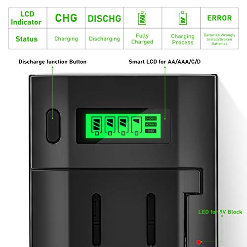 BONAI LCD Rechargeable Battery Charger For C, D, AA, AAA Battery (Ni-Mh or Ni-Cd) and 9V Battery (Ni-Mh or Li-ion) - LCD Universal Battery Charger With Discharge Function [Black]