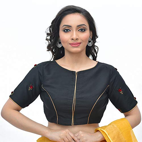 Women Cotton Silk Embroidered Stitched Blouse(D-1005430,BLACK)