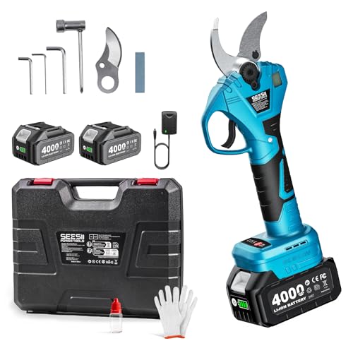 SEESII 800W Bürstenlose Astschere Akku, Akku Gartenschere mit 2 x 4,0Ah Akkus, 40mm Schnittstärke, SK5 Klingen, Elektrische Astschere für Garten, Obstbäume und