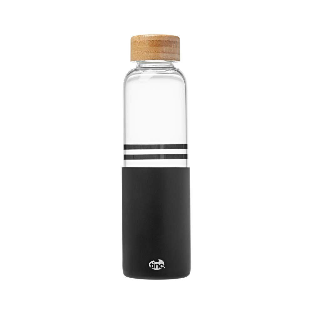 Tinc Eco-Friendly Glass Water Bottle 500ml | Leak Proof Drinking Bottle with Rubber Sleeve, Clear, GLWBAUBK