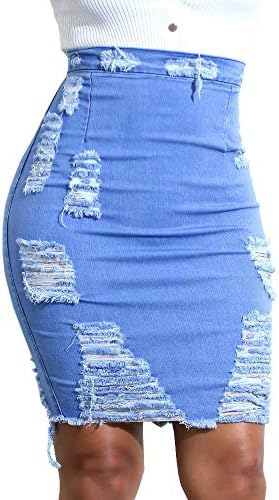 Kingspinner Women's Denim Skirt High Waist Ripped Skirt Distressed Bodycon Pencil Mini Jean Skirt