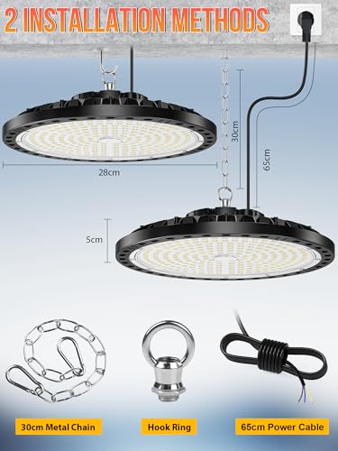 TASINUO - LED Garage Light 200 W, 2 Pieces, 20000 Lumen, UFO LED Garage Light, IP65, Waterproof, Outdoor Lamp, 7000 K, Cool White, Workshop, Warehouse, Basement, Factory,