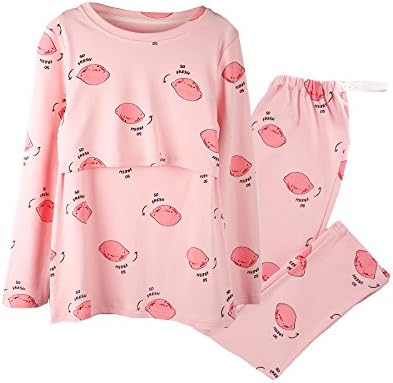 More4moms Womens Patterned Nursing Pajamas/PJS Cotton Maternity Nursing Sleepwear Sets (Pink, Large)