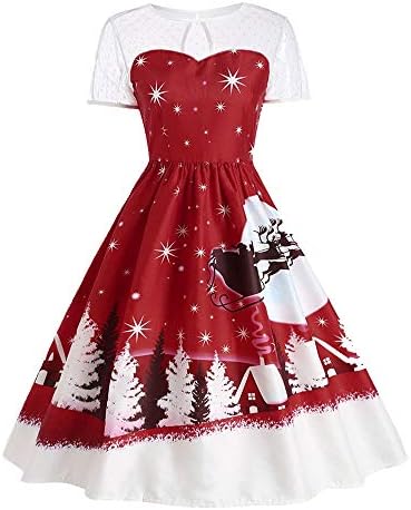 Women's 80s Fancy Dress, Women's Vintage Xmas Gift O-Neck Printed Short Sleeve A-Line Swing Dress Vintage Dress Fancy Dress.