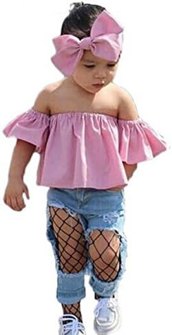 Bnatinyy Little Girls Kids Off Shoulder Lotus Leaf Top Holes Denim Jeans Headband 3pcs Outfits Set (Pink, 4-5 Y)
