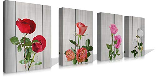 Canvas Rose Wall Art for Living Room Flower Decor Painting Multicolor Floral Pictures Print Artwork (12x16inch x 4pcs)