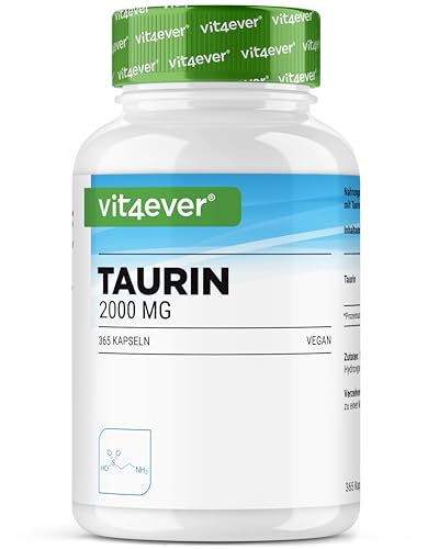 Taurine - 365 Gélules - Extra Hautement Dosé à 2000 mg par Dose Journalière (2 Gélules) - Plus de 99% de Pureté - Sans Additifs Inutiles, Vegan