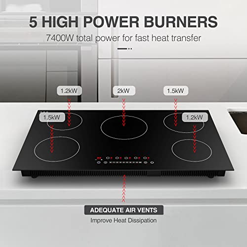 VBGK Induction Cooktop, with 5 Burners Desktop Built-in Cooktop, 7400W 240V Induction Stovetop 9 Power,Levels Sensor Touch Control,Child Safety Lock,1-99 Minutes Timer,Induction Burner