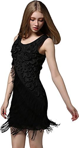 Fairytown US2-20 1920 Vintage Flapper Gatsby Dress Beaded Flower Fringe Cocktail, Black, Small