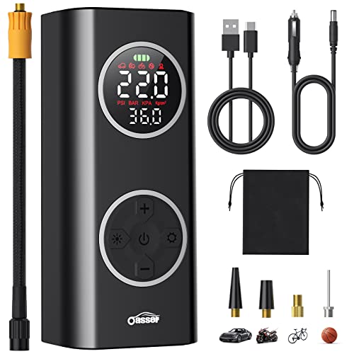 oasser Gonfleur pneus Voiture 6000mAh 150PSI Type-C Charge Compresseur Voiture pour Voitures Motos vélos balles avec lumière LED Batterie Rechargeable ou Allume-Cigare 12V compresseur à air portatif