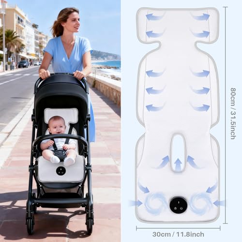 Sendowtek Summer Baby Car Mat, Universal Pushchair Pad with Adjustable Fan, Breathable Cover for Outdoor Indoor Cot Car Seat