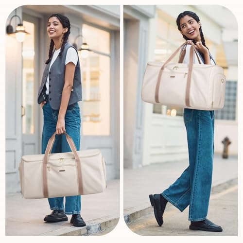 2 in 1 Convertible Travel Bag for Women Clothes Bag Foldable Sports Bag for Business Trips and Weekend Getaways (Off White)