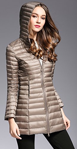 Elezay Women's Winter Light Weight Down Jacket Hooded Coat Khaki M - Thumbnail 2
