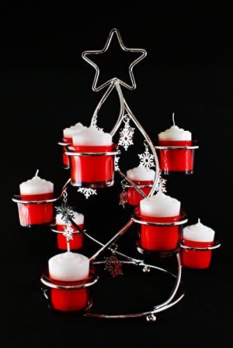 Silver Plated Xmas Tree Star Snow Flakes Candle Holder w/ 9 Red Votive Glass Cups (Without Candle)