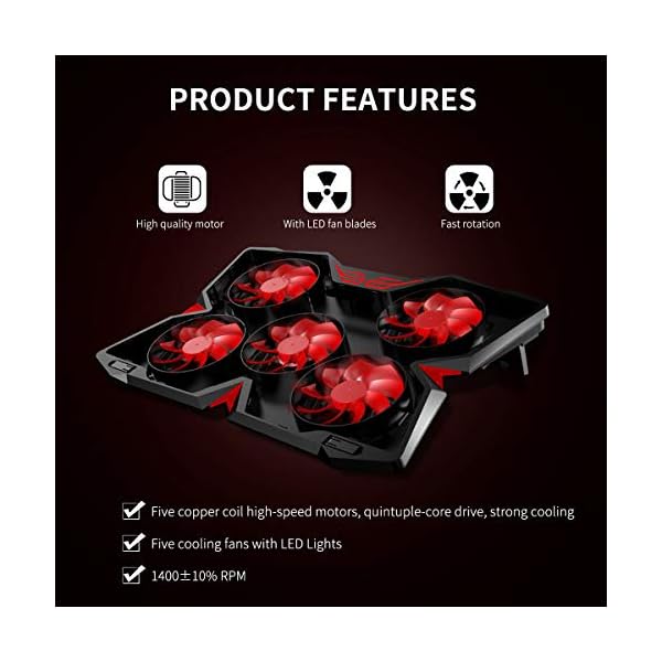 Zwini Laptop Cooling Pad 12"-17" Laptop Cooler Stepless Speed Fan Ultra Quiet Cooling Pad Stand with 5 Fans at 1400 RPM LED light 2 USB Ports