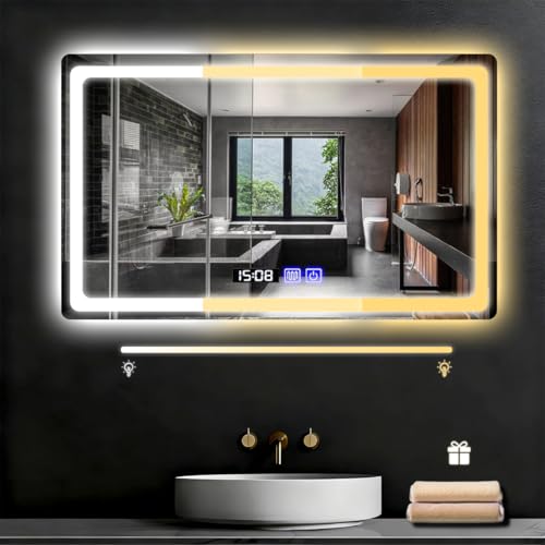 Espejo para Baño con luz LED,Espejo de 40x60cm,para tocador(Square 40*60cm) | Iluminación ajustable de 3 colores, eliminación de niebla, visualización de temperatura de tiempo.