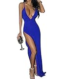 Flymall Deep V-neck Backless Strap Maxi Tank Split Side Dress(S,Blue)