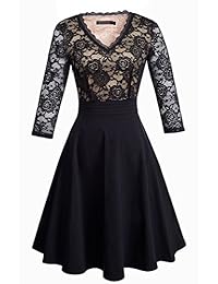 Homeyee - A062 Vestido a la moda para mujer con escote en V, detalle en encaje tipo parches, vestido de fiesta