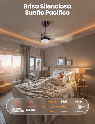 Airwit Ventilador de Techo, Lámpara Ventilador de Techo 42 Pulgadas/107 cm, Abanico de Techo Silenciosos con Control Remoto y Luz LED para el Hogar, 6 Velocidades, Motor de CC Reversible, Negro
