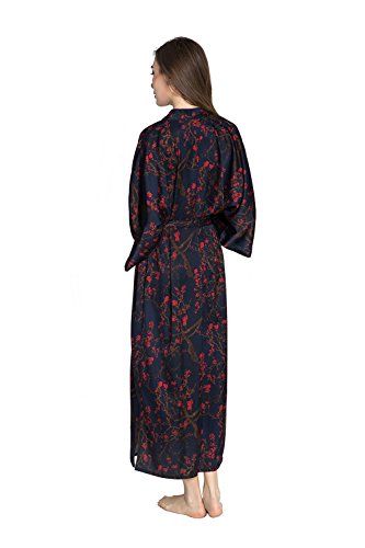 Old Shanghai Women's Kimono Robe Long - Watercolor Floral, Yurina- Navy - Thumbnail 5