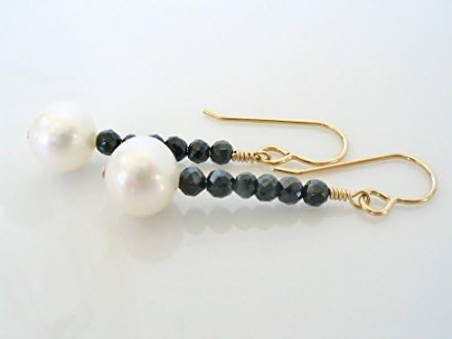 Cultured Freshwater Pearl and Black Spinel Gemstone Earrings 14K Gold Filled
