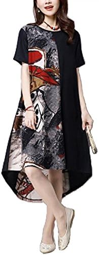 New Summer Women Vintage Print Dress Casual Loose O-Neck Short Sleeve Irregular Hem Mid-calf Dress Plus SizeBlack 5XL