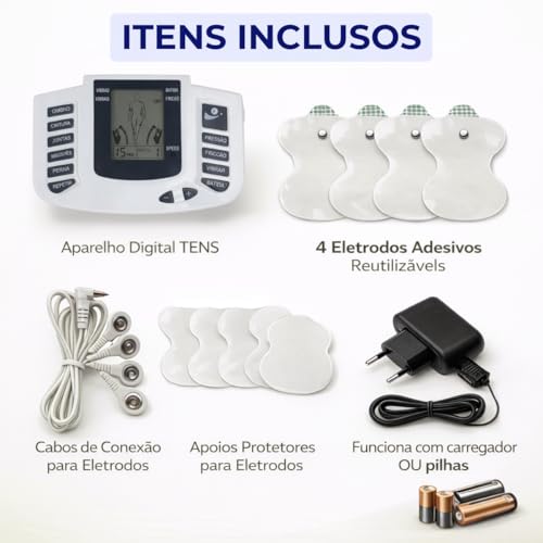 Aparelho Eletroestimulador Muscular TENS EMS Portátil com Eletrodos Premium 8 Modos e 10 Intensidades, Alívio Muscular, Alívio de Dores, Uso Doméstico, Fisioterapia Corporal em Casa