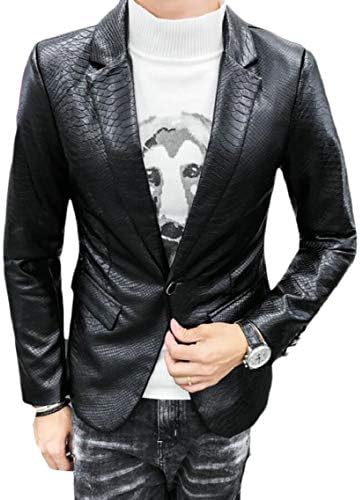 Jmwss QD Mens Slim Pu Leather Solid Snakeskin Print One Button Suit Blazer Jackets