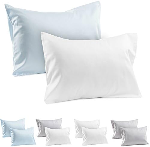2 Toddler Pillowcases 100% Cotton Sateen Toddler Pillow Cases, 400 TC Pillowcase, Covers 14"x19", or 13"x18" Toddler Baby Travel Pillows Naturally Hypoallergenic Envelope Style Cases Blue & White