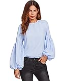 Verdusa Women's Round Neck Elegant Blouse Lantern Sleeve Top With Keyhole Back Blue#1 L