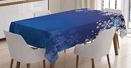 ABAKUHAUS Christmas Tablecloth, Ornamental White Snowflakes in Various Styles Cold Winter Season, Dining Room Kitchen Table Cover, 54" x 94", Navy Blue Light blue white