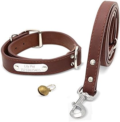 Soft Leather Padded Custom Dog Collar and Leash Set with Personalized Engraved Nameplate,Fit Small Medium Large Dogs