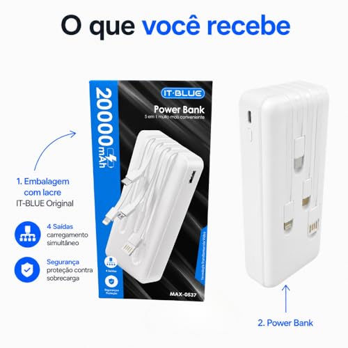 Power Bank Carregador Portátil Universal 20000mAh com Cabos Integrados USB-A, USB-C (Type-C), Micro-USB e USB-Light Carregamento Rápido Bateria Externa Compacta para Celular Android iOS (branco)